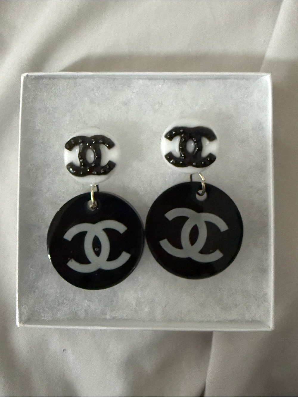 Upcycled Black and Silver Double CC Drop Earrings